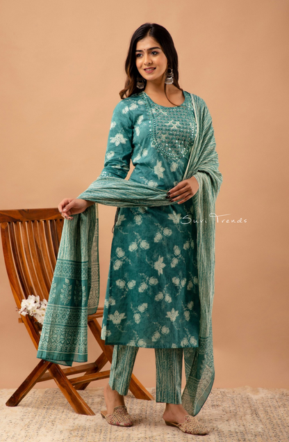 Floral Printed Pure Cotton Suit Set - Green