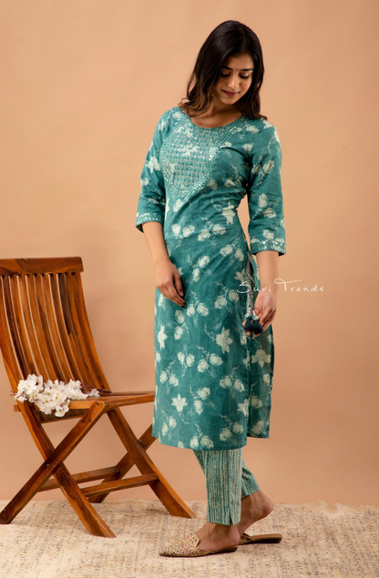 Floral Printed Pure Cotton Suit Set - Green