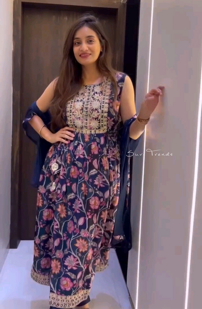 Floral Printed Designer Kurta Set - Purple