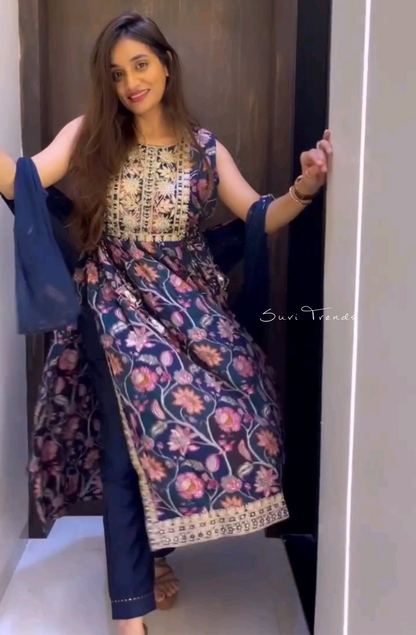 Floral Printed Designer Kurta Set - Purple