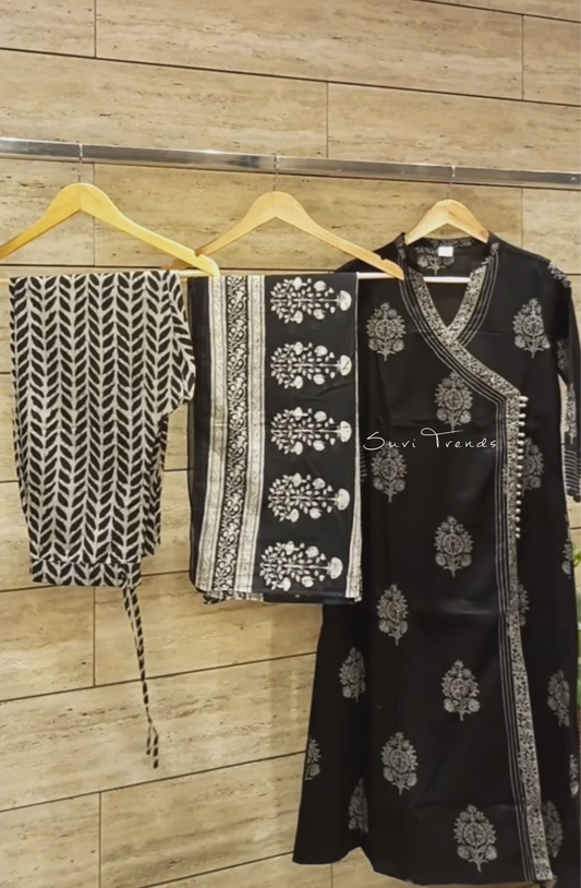 Floral Printed Angrakha Suit Set - Black