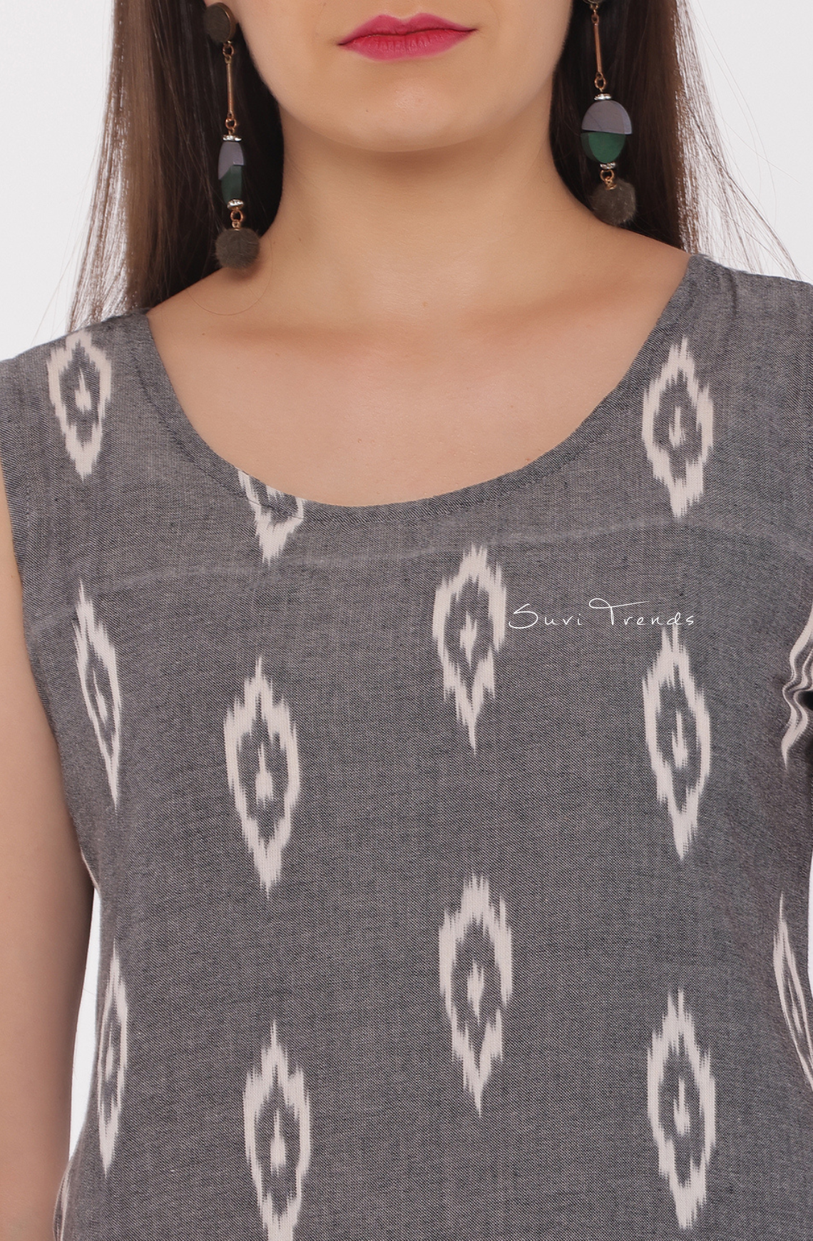 Handloom Ikat Short Top - Grey (Sleeves Attached)