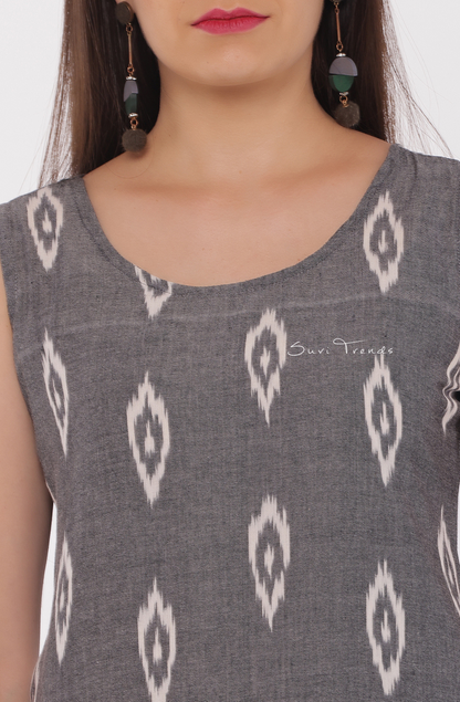 Handloom Ikat Short Top - Grey (Sleeves Attached)