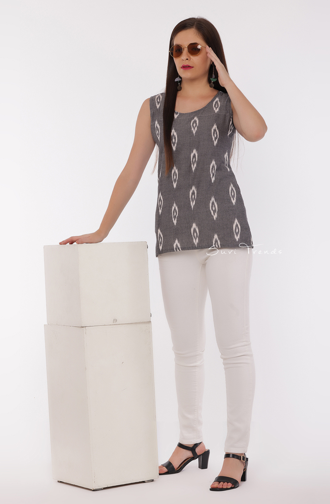 Handloom Ikat Short Top - Grey (Sleeves Attached)