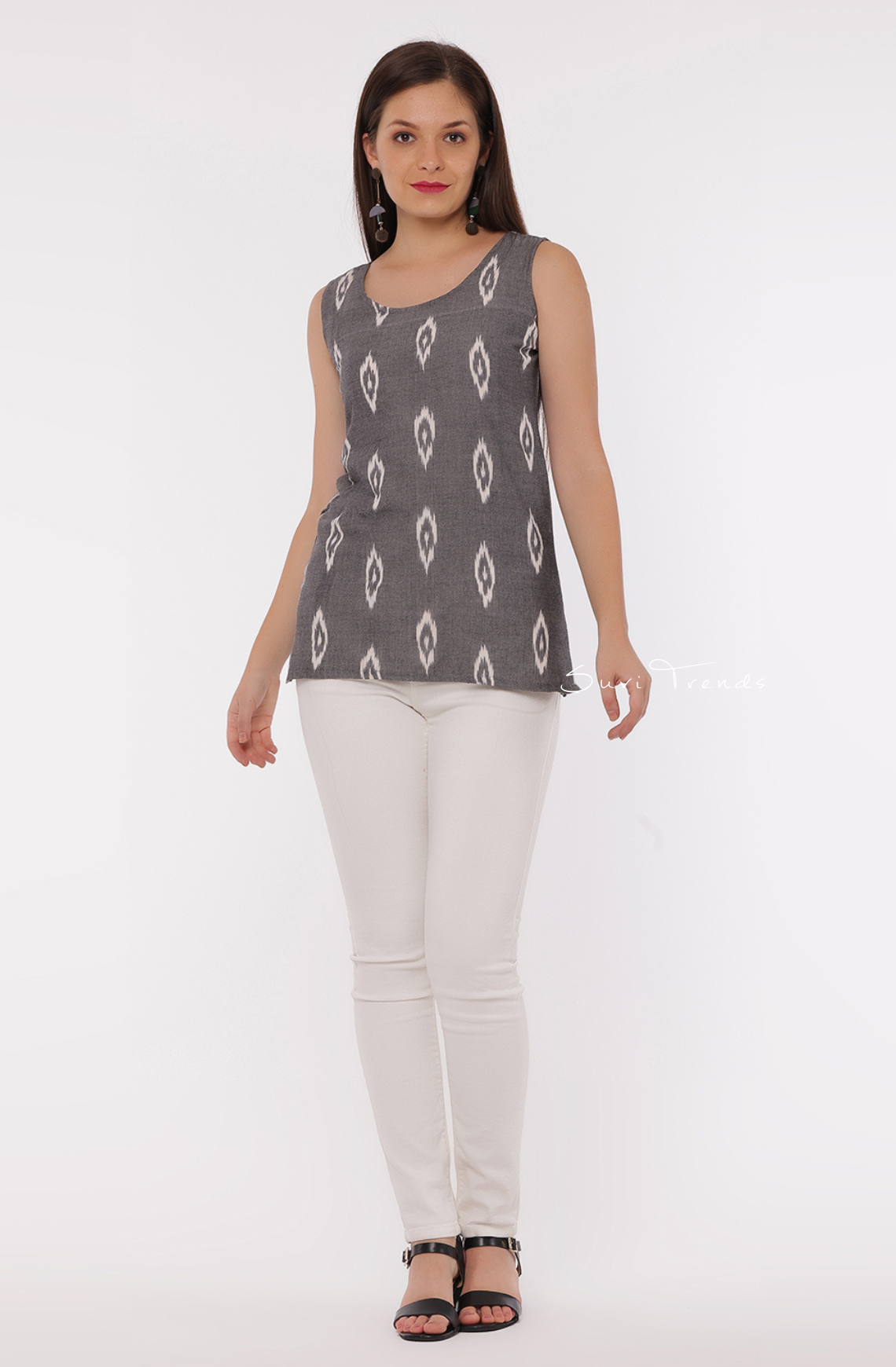 Handloom Ikat Short Top - Grey (Sleeves Attached)