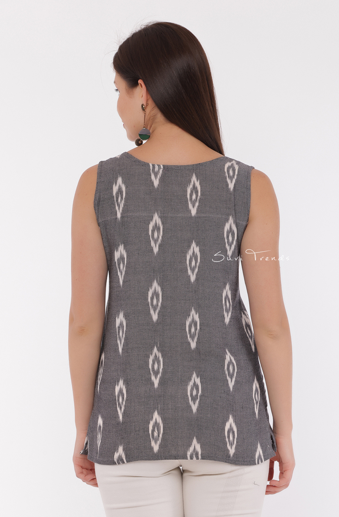 Handloom Ikat Short Top - Grey (Sleeves Attached)