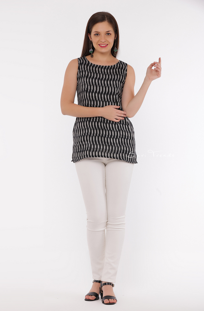 Handloom Wavy Ikat Top - Black (Sleeves Attached)