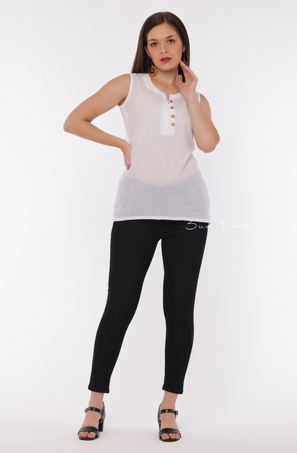 Cotton Khasid Sleeveless Top - White