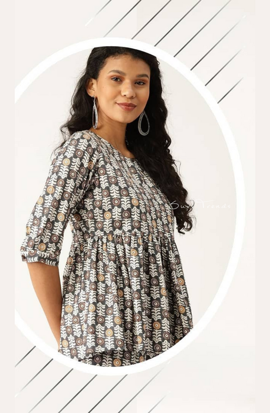 Geometric Printed Peplum Top - Black