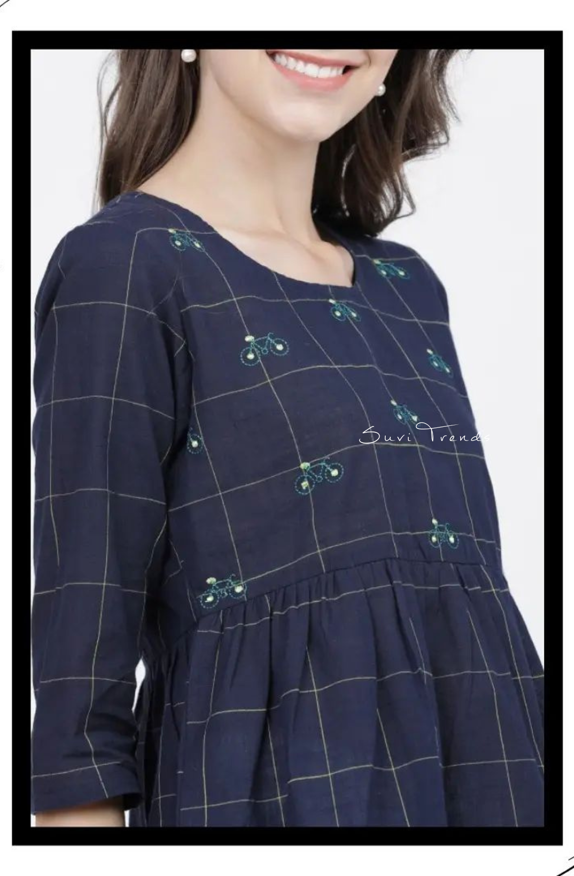 Bicycle Motif Embroidered Peplum Top - Blue
