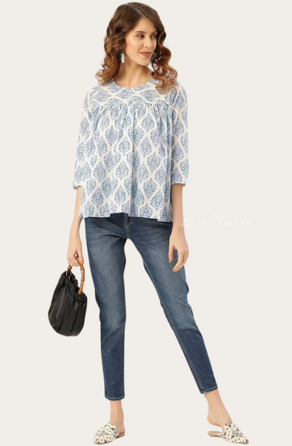 Floral Hand block Printed Short Top - Blue