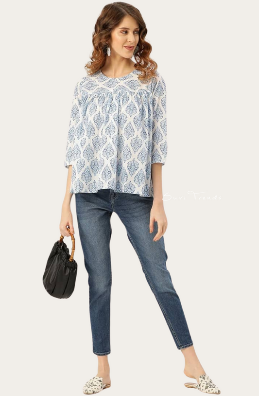 Floral Hand block Printed Short Top - Blue