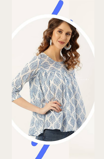 Floral Hand block Printed Short Top - Blue
