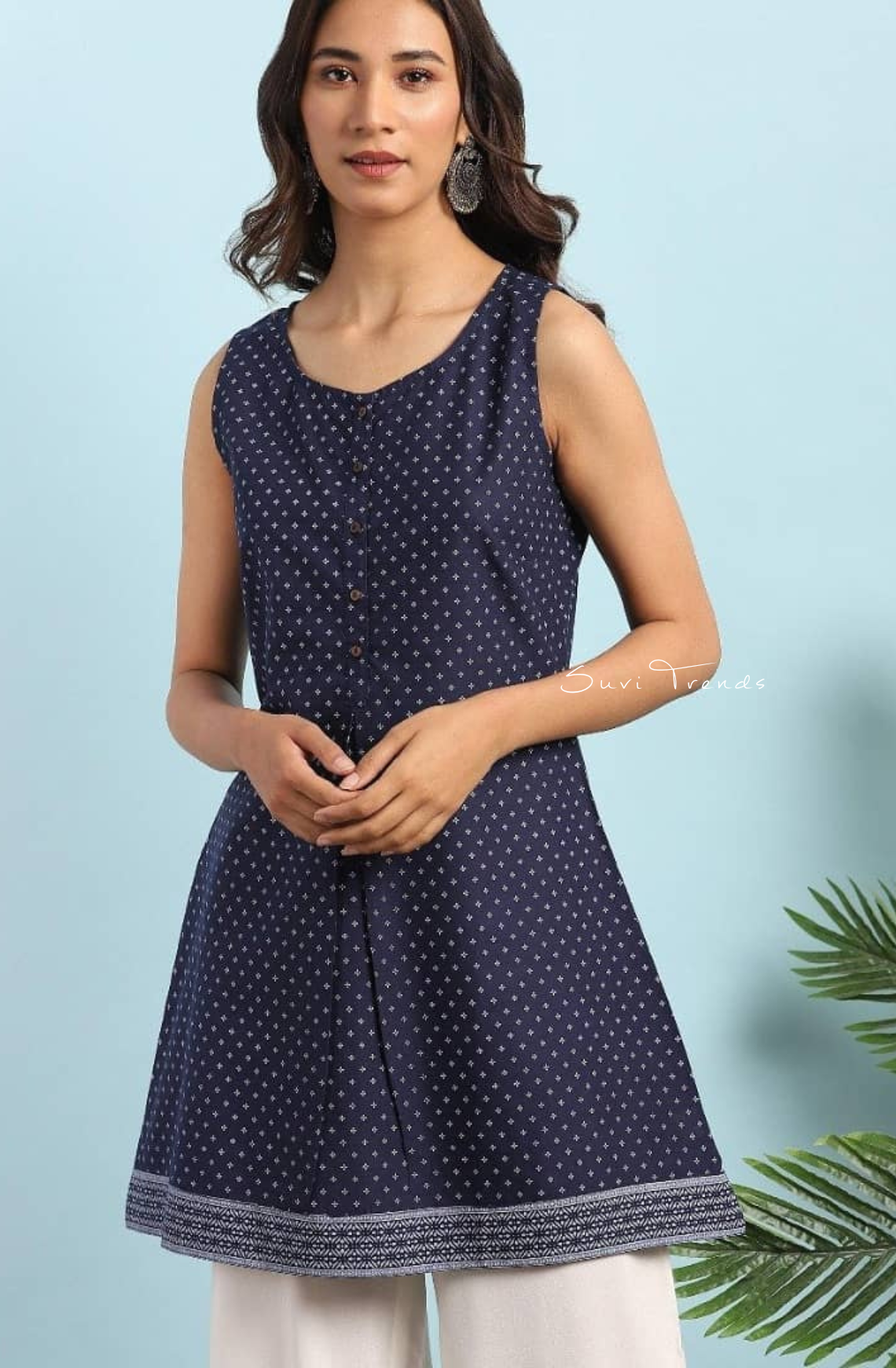 Geometric Printed A-Line Top - Navy Blue