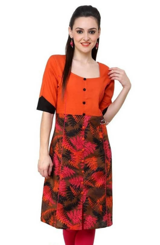 Leaf Printed Straight Kurta - Orange