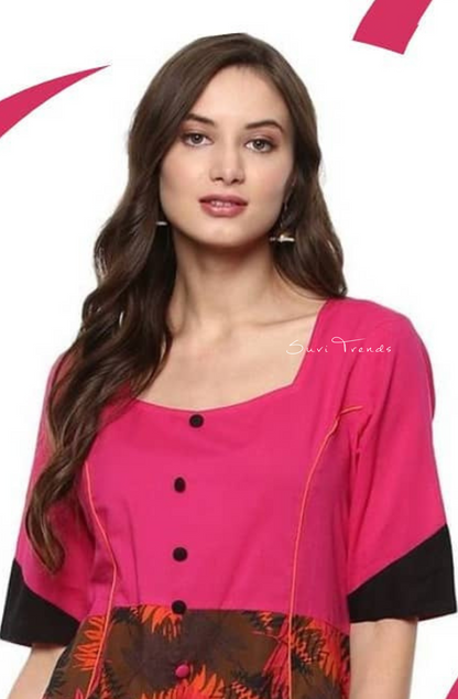 Leaf Printed Straight Kurta - Pink
