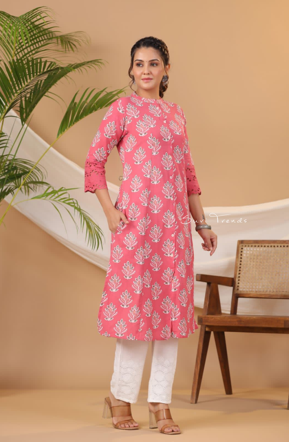 Cactus Print A-Line Kurta - Pink