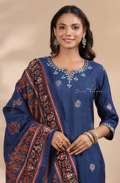 Pure Muslin Suit Set with Dupatta - Blue