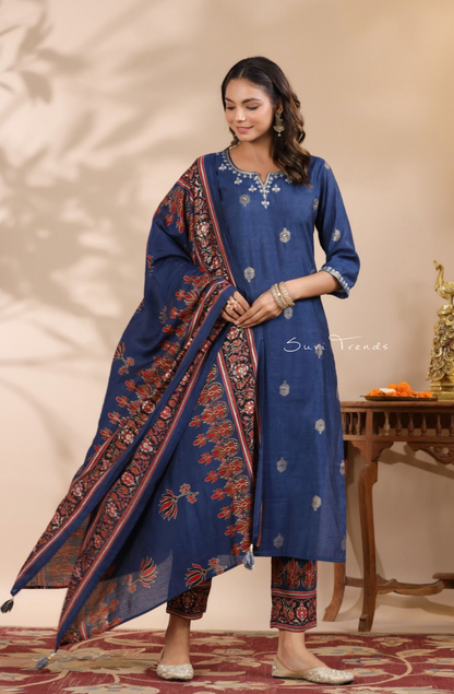 Pure Muslin Suit Set with Dupatta - Blue