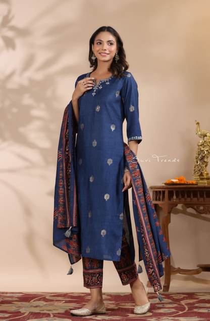 Pure Muslin Suit Set with Dupatta - Blue