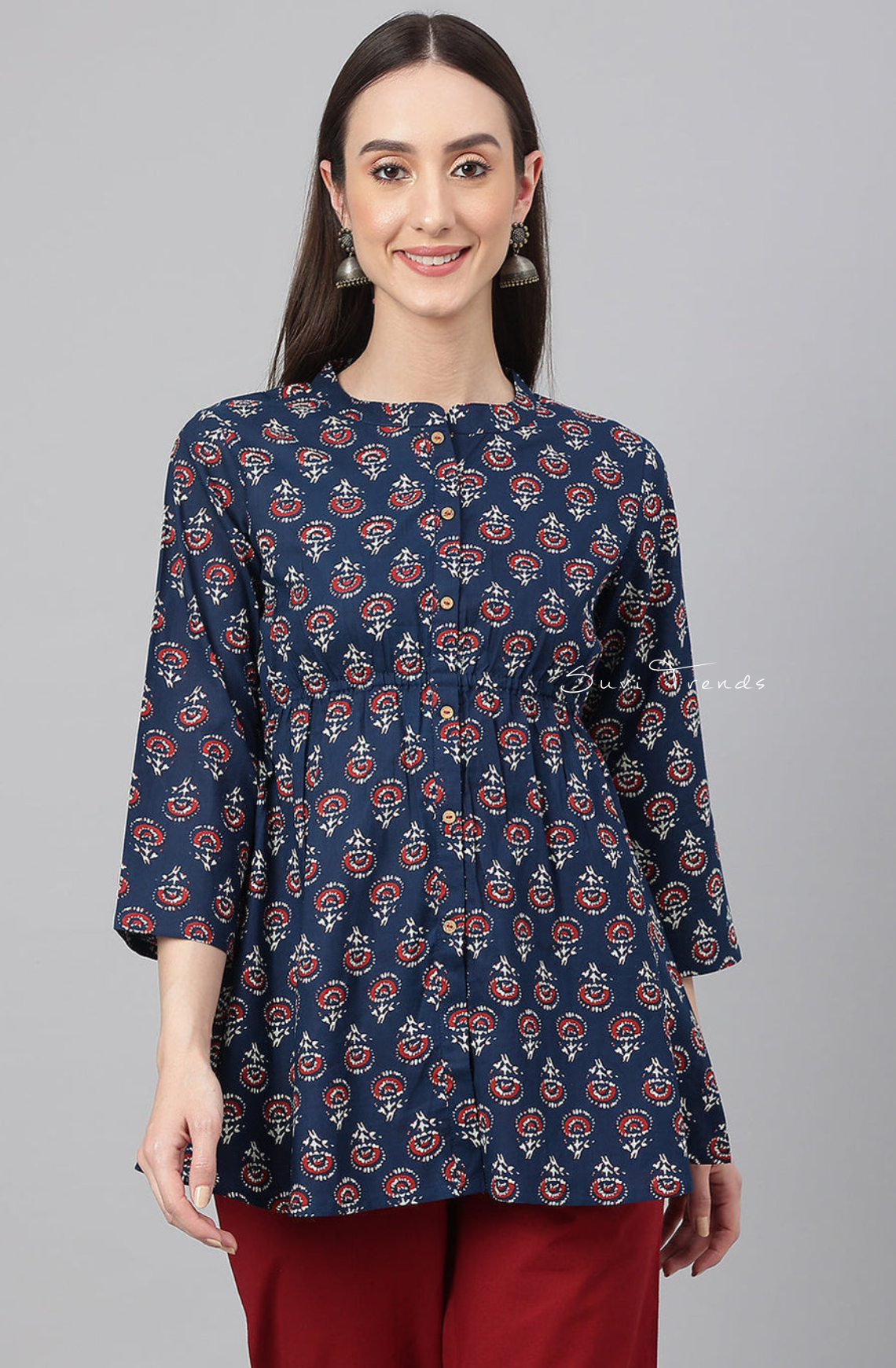 Floral Print Peplum Top - Navy Blue