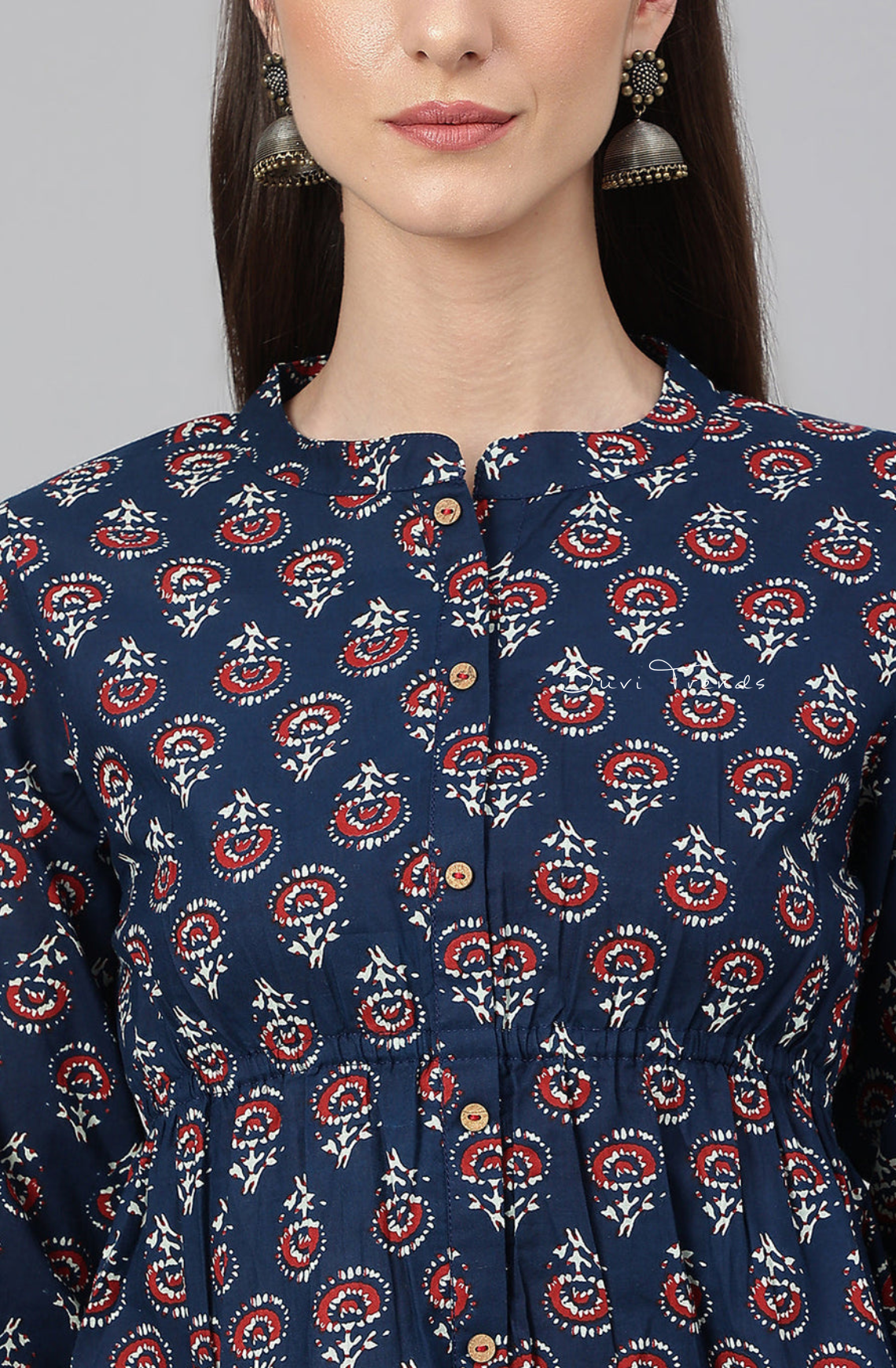 Floral Print Peplum Top - Navy Blue