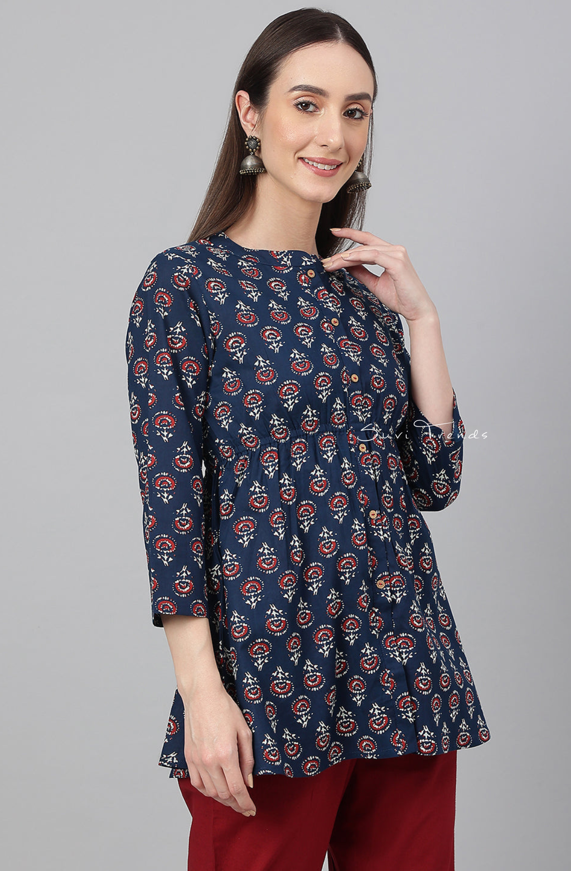 Floral Print Peplum Top - Navy Blue