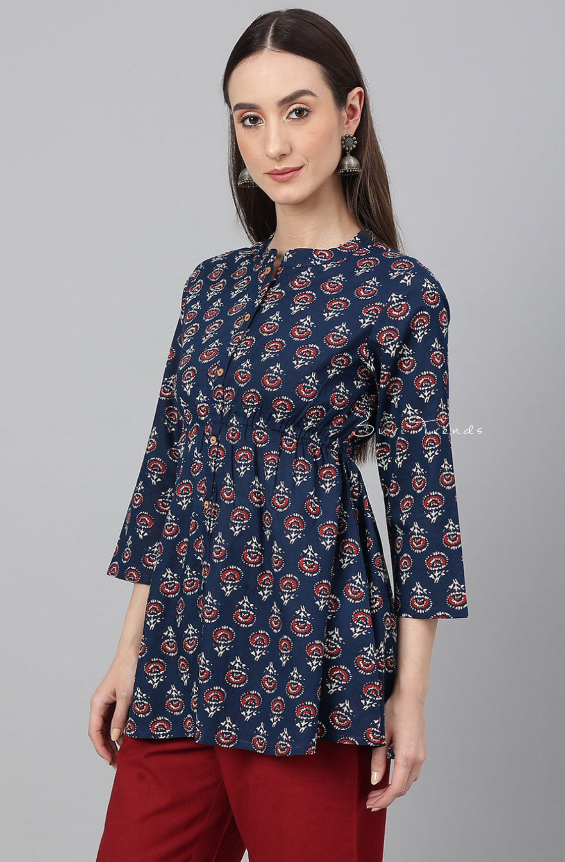 Floral Print Peplum Top - Navy Blue