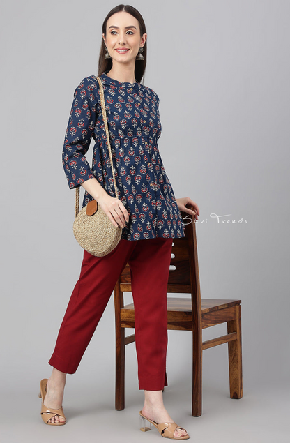 Floral Print Peplum Top - Navy Blue