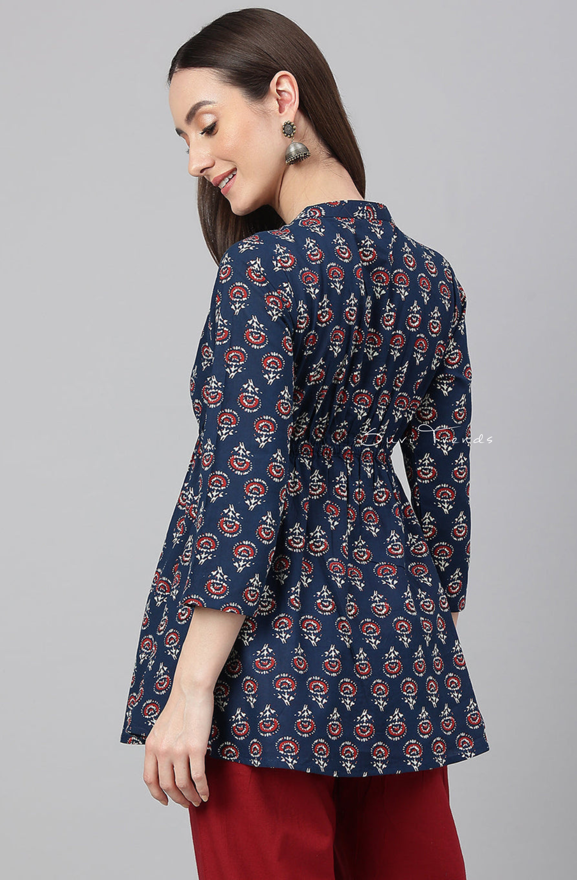 Floral Print Peplum Top - Navy Blue