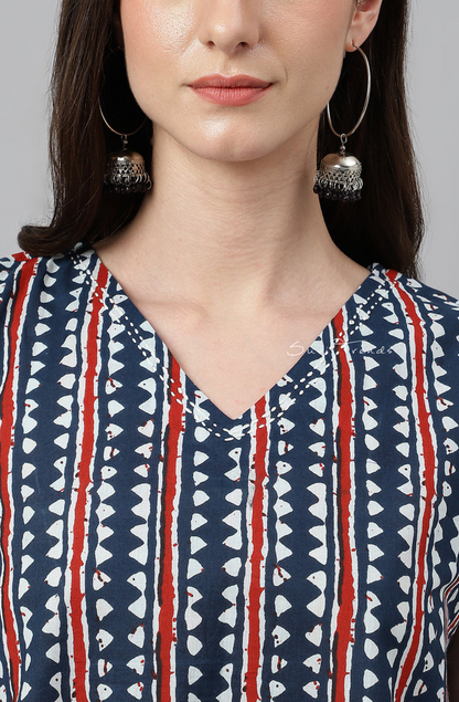 Geometric Printed High Low Top - Navy Blue