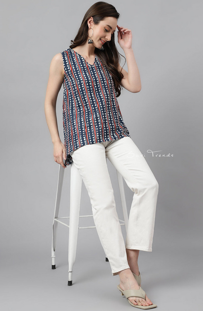 Geometric Printed High Low Top - Navy Blue