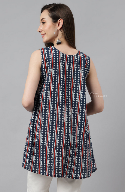 Geometric Printed High Low Top - Navy Blue