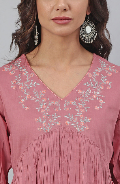 Embroidered Fit and Flared Top - Pink
