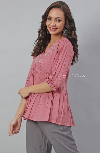 Embroidered Fit and Flared Top - Pink