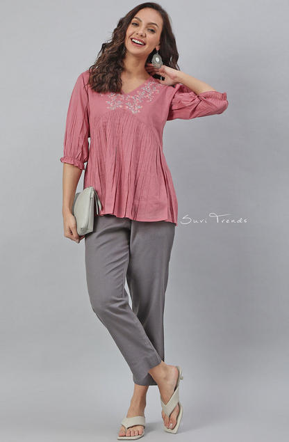 Embroidered Fit and Flared Top - Pink