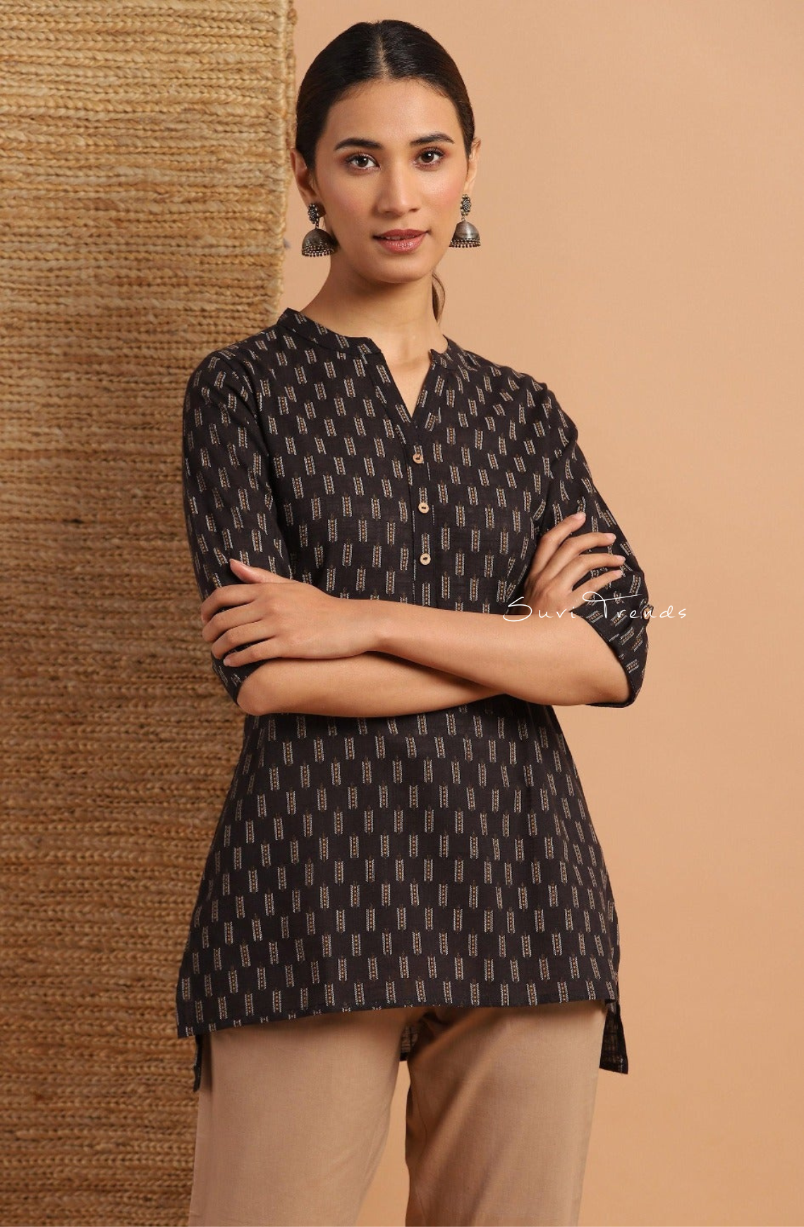 Pure Cotton Geometric Printed Straight Kurti - Black