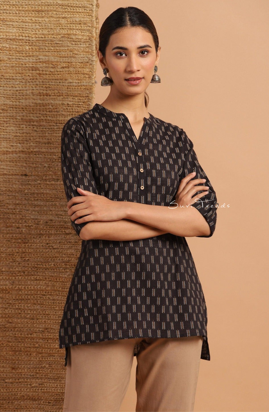 Pure Cotton Geometric Printed Straight Kurti - Black