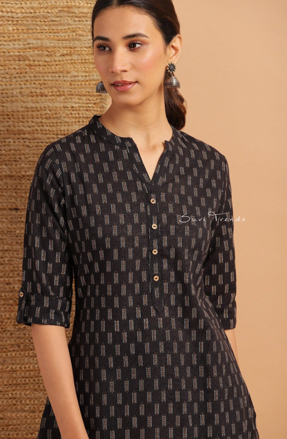 Pure Cotton Geometric Printed Straight Kurti - Black
