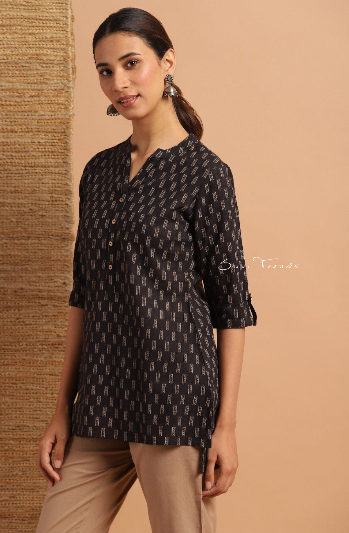 Pure Cotton Geometric Printed Straight Kurti - Black