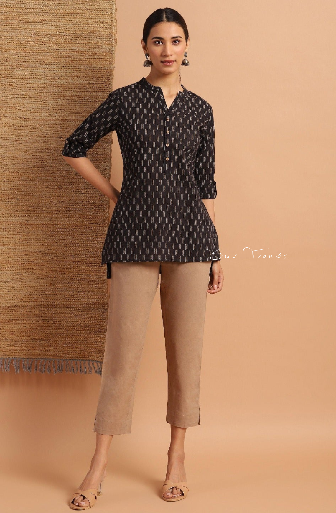 Pure Cotton Geometric Printed Straight Kurti - Black