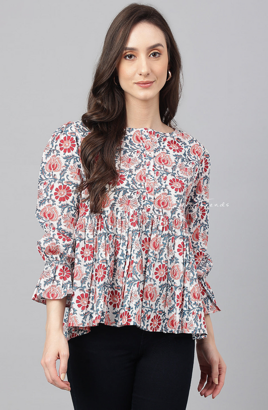 Pure Cotton Floral Printed Flared Top - White