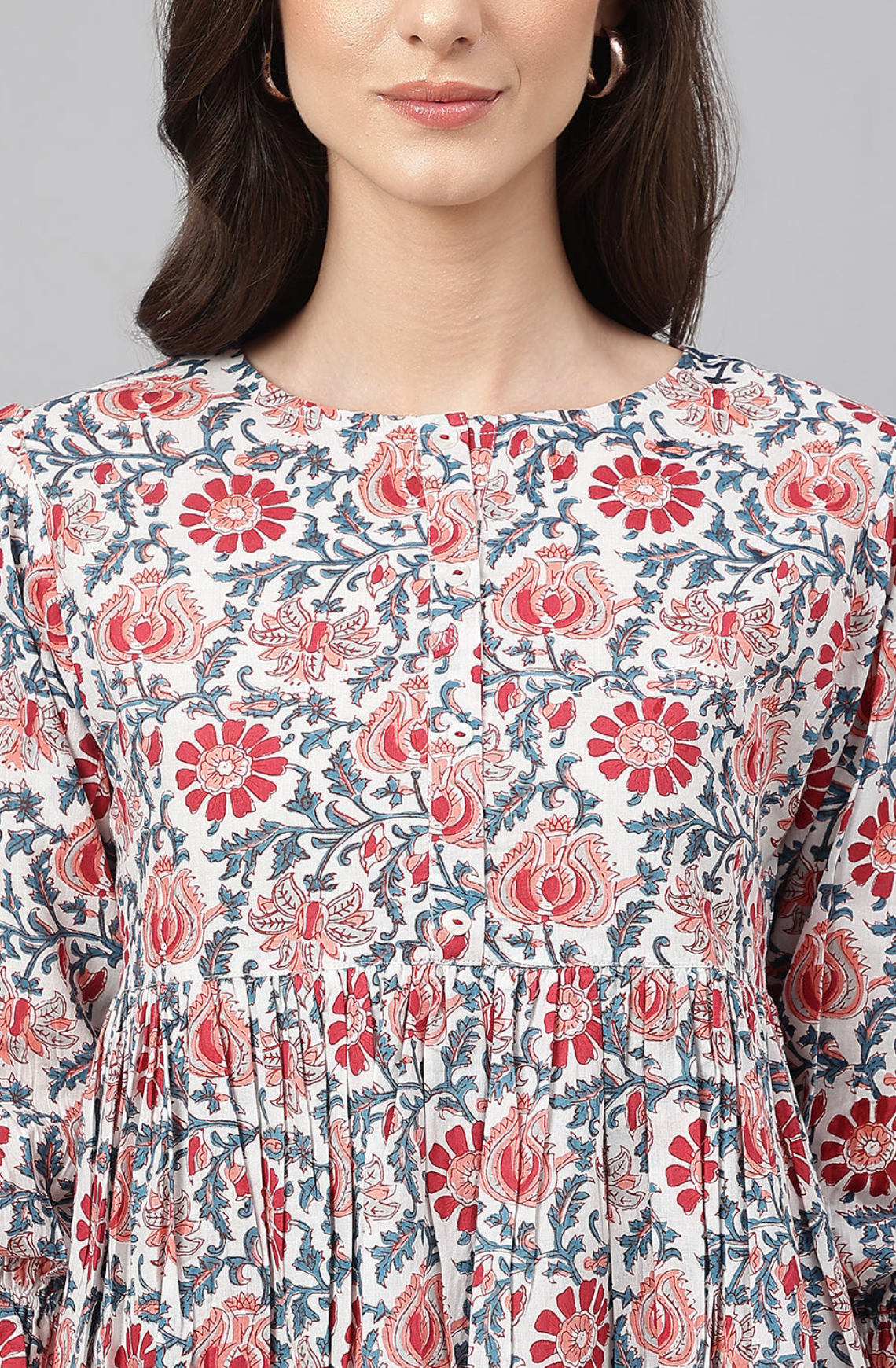 Pure Cotton Floral Printed Flared Top - White