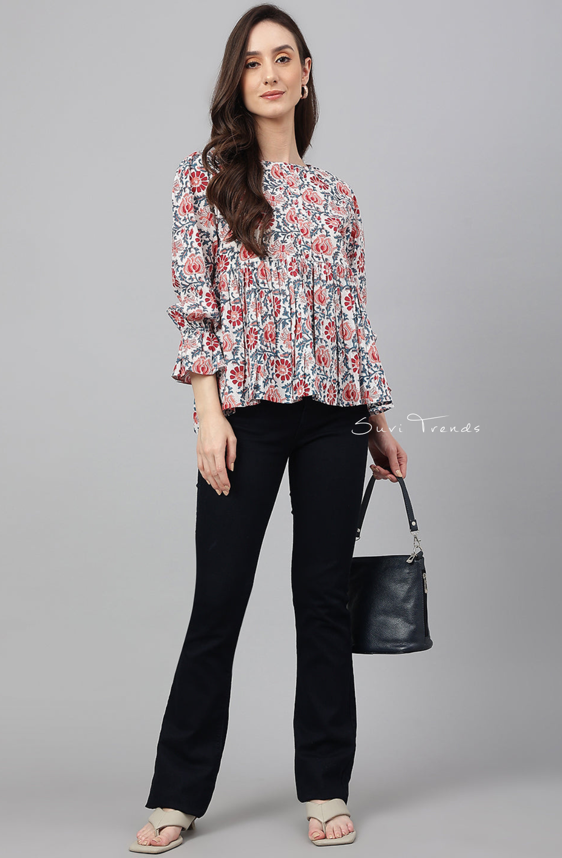 Pure Cotton Floral Printed Flared Top - White