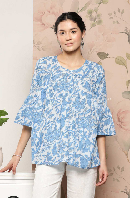 Pure Cotton Floral Printed Tiered Top - White