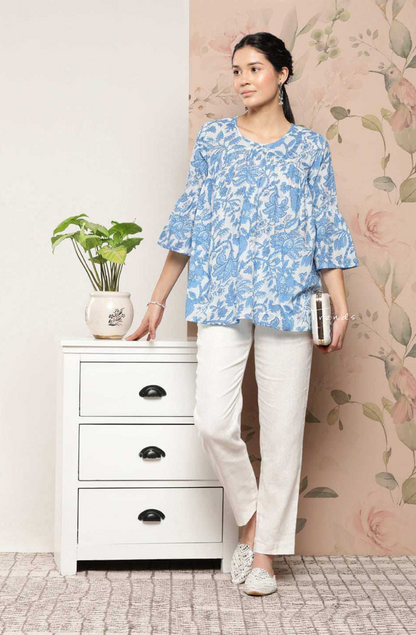 Pure Cotton Floral Printed Tiered Top - White