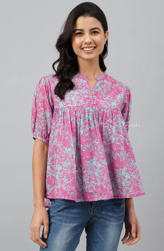 Georgette Digital Printed Flared Top Top - Pink