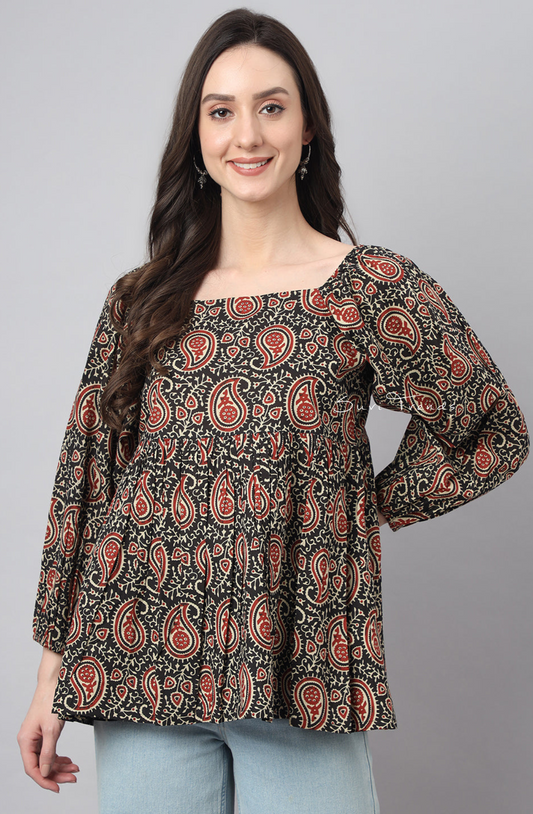 Pure Cotton Paisley Printed Gathered Top - Black