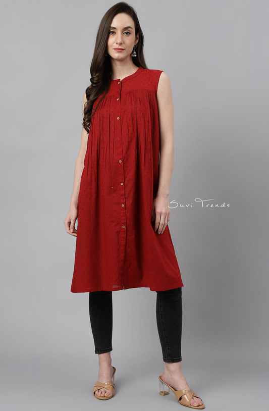 Dobby Cotton Solid Gathered Top - Maroon