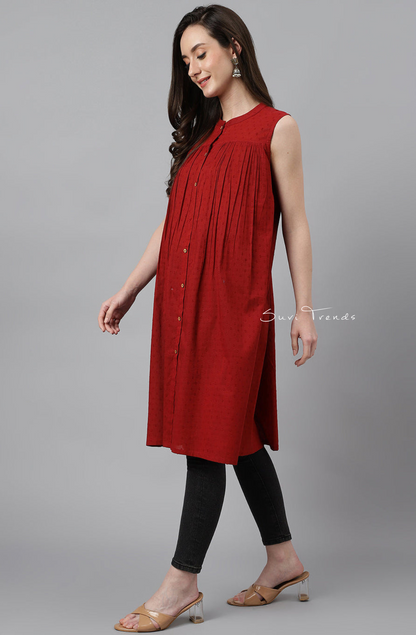 Dobby Cotton Solid Gathered Top - Maroon